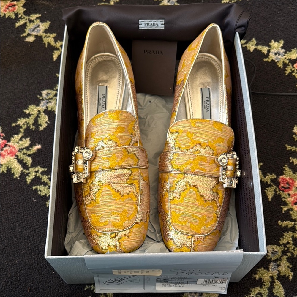 Prada Loafers Metallic Jacquard in gold and giallo